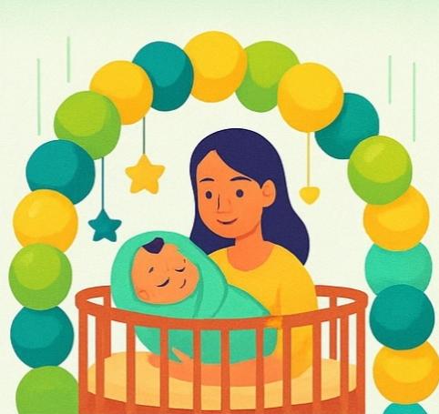 Newborn-themed decorations with crib and baby name banner